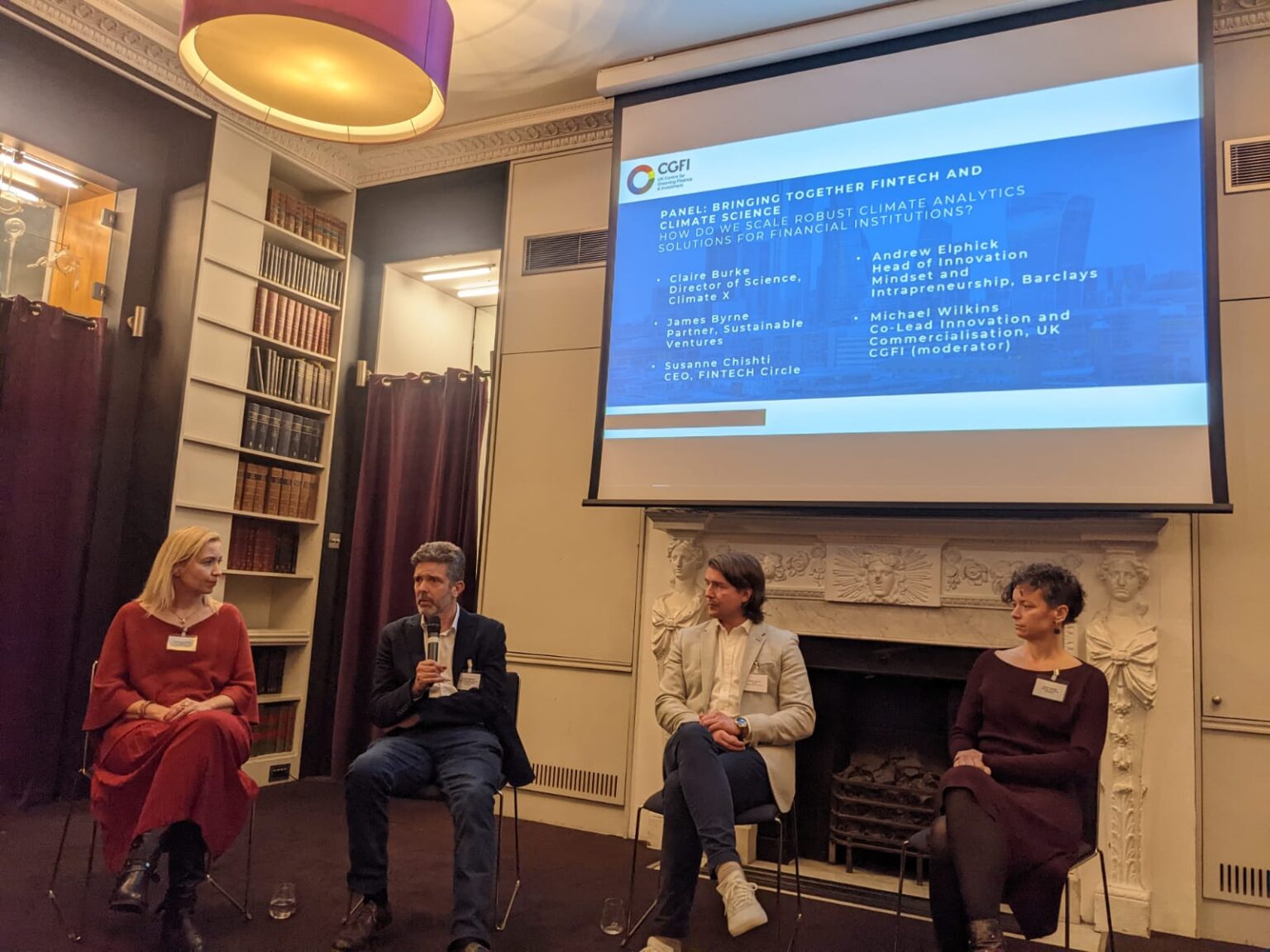 (L-R) Susanne Chishti (CEO, FINTECH Circle), Andrew Elphick (Head of Innovation Mindset and Intrapreneurship, Barclays), James Byrne (Partner, Sustainable Ventures), Dr Claire Burke (Director of Science, Climate X)