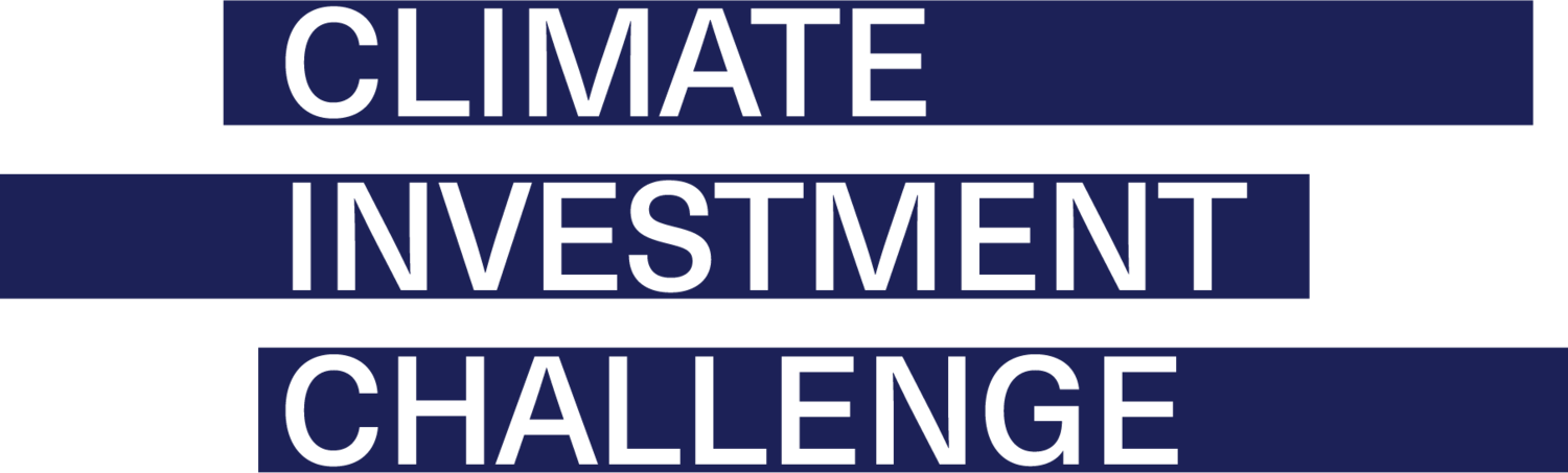 Climate Investment Challenge in white letters on blue lines.